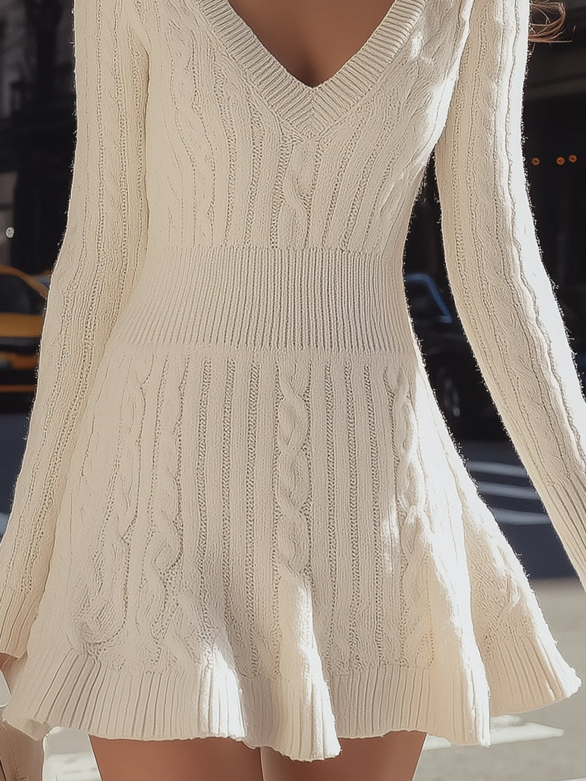 FJØRNA cozy cable knit sweater dress with V-neck and flare hem, mini length, perfect for stylish winter or fall wear