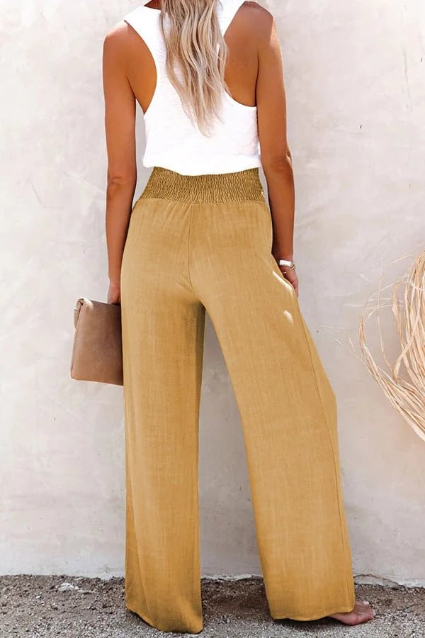 FJØRNA lightweight summer trousers for women, high waist relaxed fit with elastic waistband, casual bottom collection style