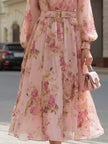 FJØRNA romantic blush floral chiffon midi dress with ruffled hem and delicate floral pattern, perfect for elegant occasions.