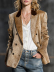 FJØRNA khaki leopard print colour-block velvet blazer with tailored fit and stylish lapels, shown on a mannequin.
