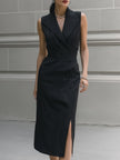 FJØRNA sleeveless pinstripe midi dress with a tailored lapel collar, stylish and elegant for women.