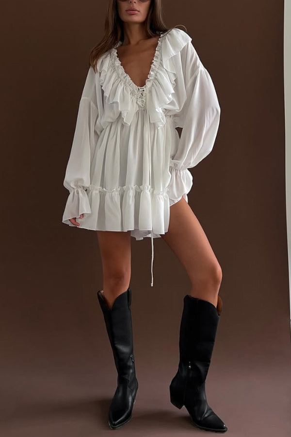 FJØRNA solid color V-neck ruffled ruched long-sleeved vacation mini dress, casual wedding dress style, displayed on a hanger.