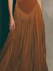 FJØRNA vintage caramel swan maxi dress with spaghetti straps, elegant and flowy, perfect for summer or special occasions.