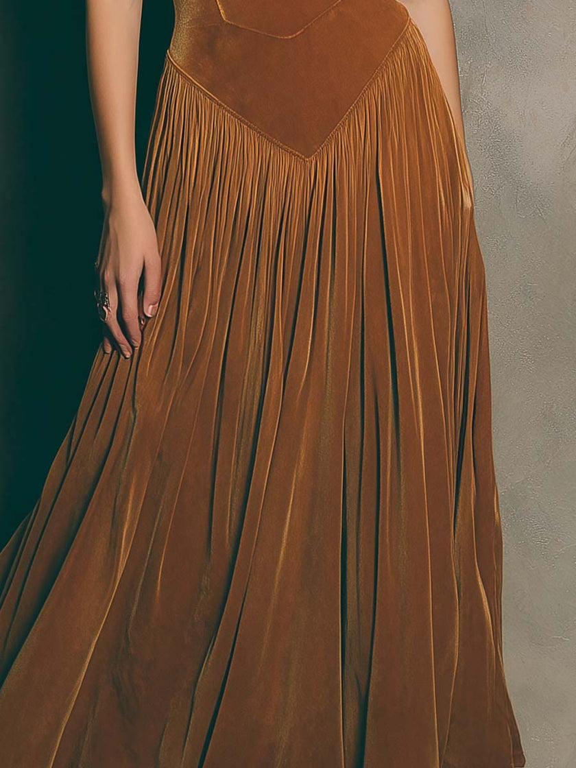 FJØRNA vintage caramel swan maxi dress with spaghetti straps, elegant and flowy, perfect for summer or special occasions.