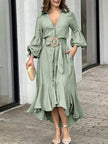 FJØRNA white high-low puff sleeve pleated maxi dress with lapel collar, elegant and flowy for stylish occasions