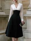 FJØRNA contrast bodice A-line midi dress for women with sheer sleeves and elegant design, perfect for stylish occasions.