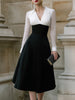 FJØRNA contrast bodice A-line midi dress for women with sheer sleeves and elegant design, perfect for stylish occasions.