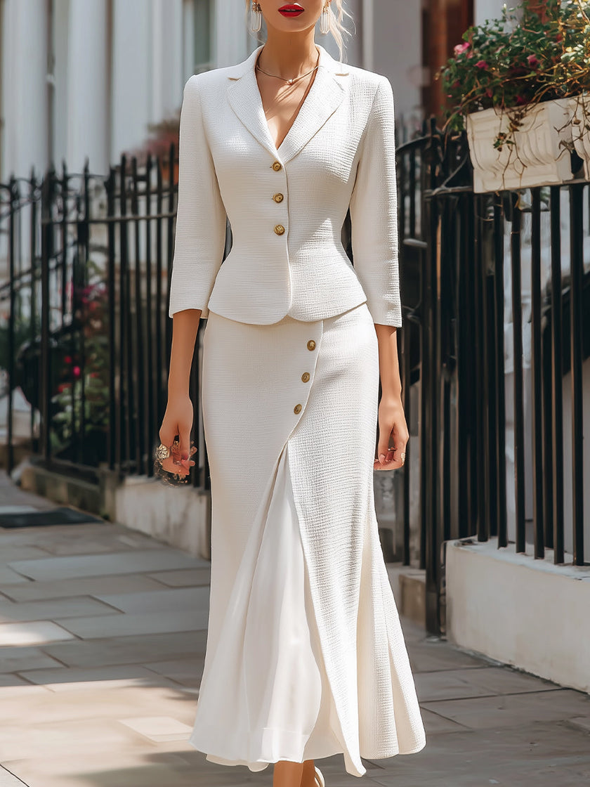 FJØRNA elegant textured buttoned blazer and midi skirt set, stylish blazer dress with structured design and sophisticated look.