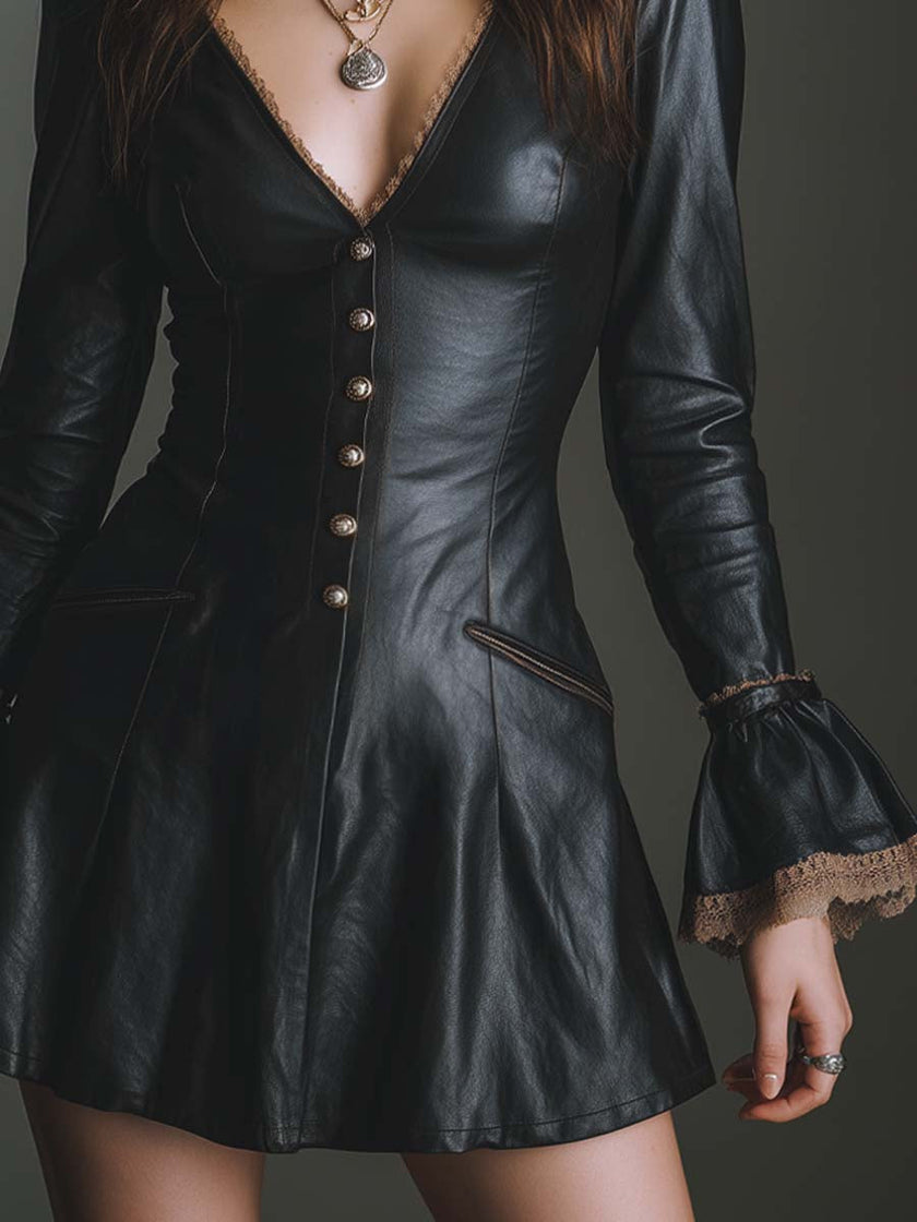FJØRNA retro V-neck button lace trim faux leather mini dress, stylish dress with lace details and V-neck design.