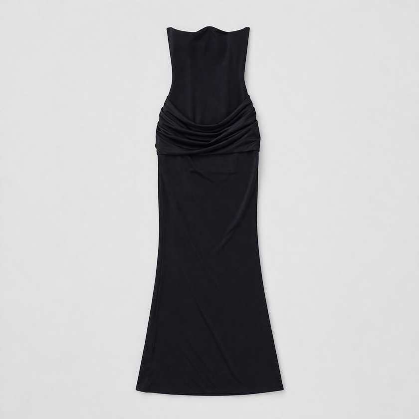FJØRNA women's strapless maxi dress with corset bodice, flowy fabric, and elegant design, perfect for formal occasions.