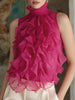 Magenta chiffon blouse for women by FJØRNA featuring a high neck, sleeveless design, and ruffle details.