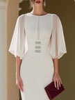 FJØRNA cape sleeve embellished waist midi dress for women, showcasing elegant design with intricate detailing and stylish silhouette.