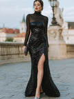 FJØRNA mesh turtleneck sequin slit evening gown with long sleeves, elegant maxi dress for formal occasions.