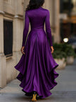 FJØRNA midnight blue satin maxi dress with draped design and ruffle details, perfect for evening wear.