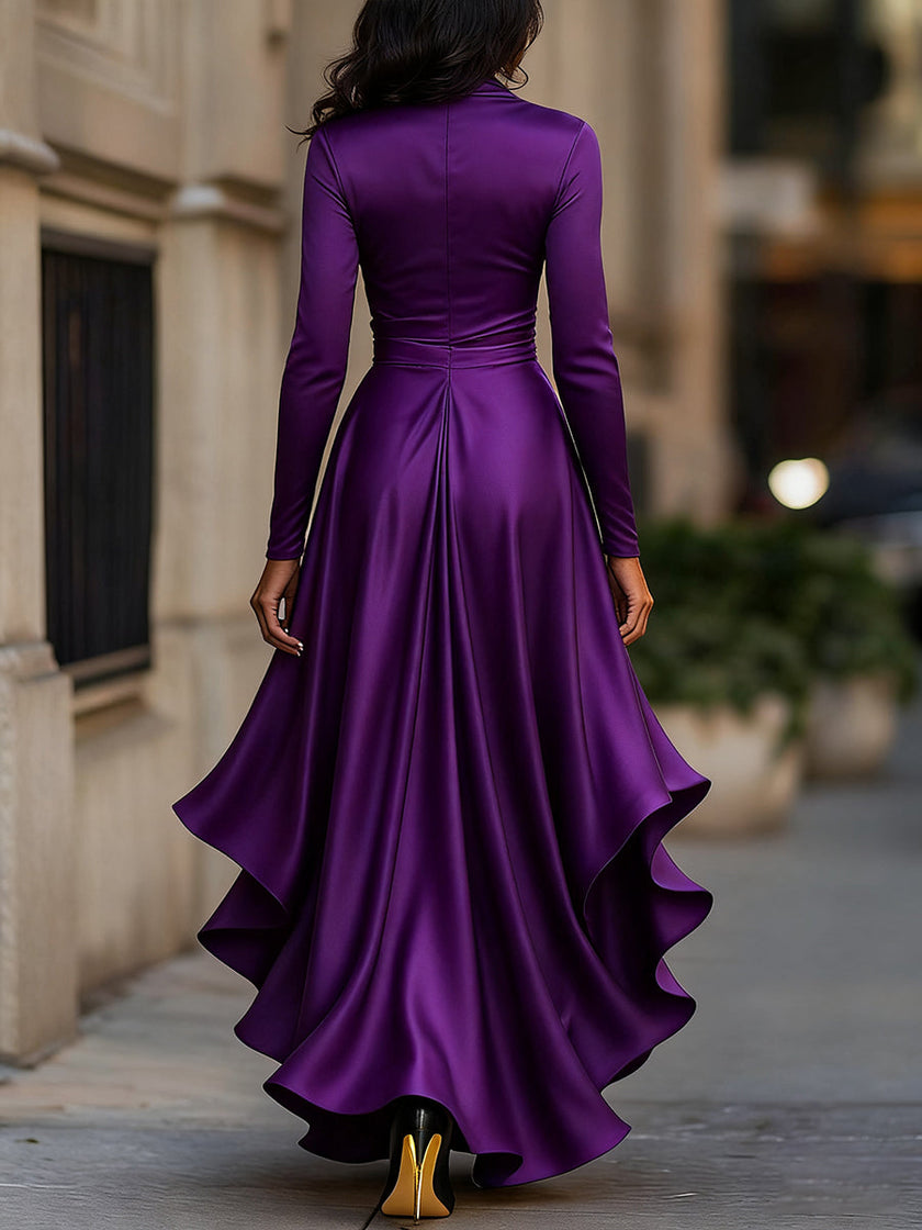 FJØRNA midnight blue satin maxi dress with draped design and ruffle details, perfect for evening wear.