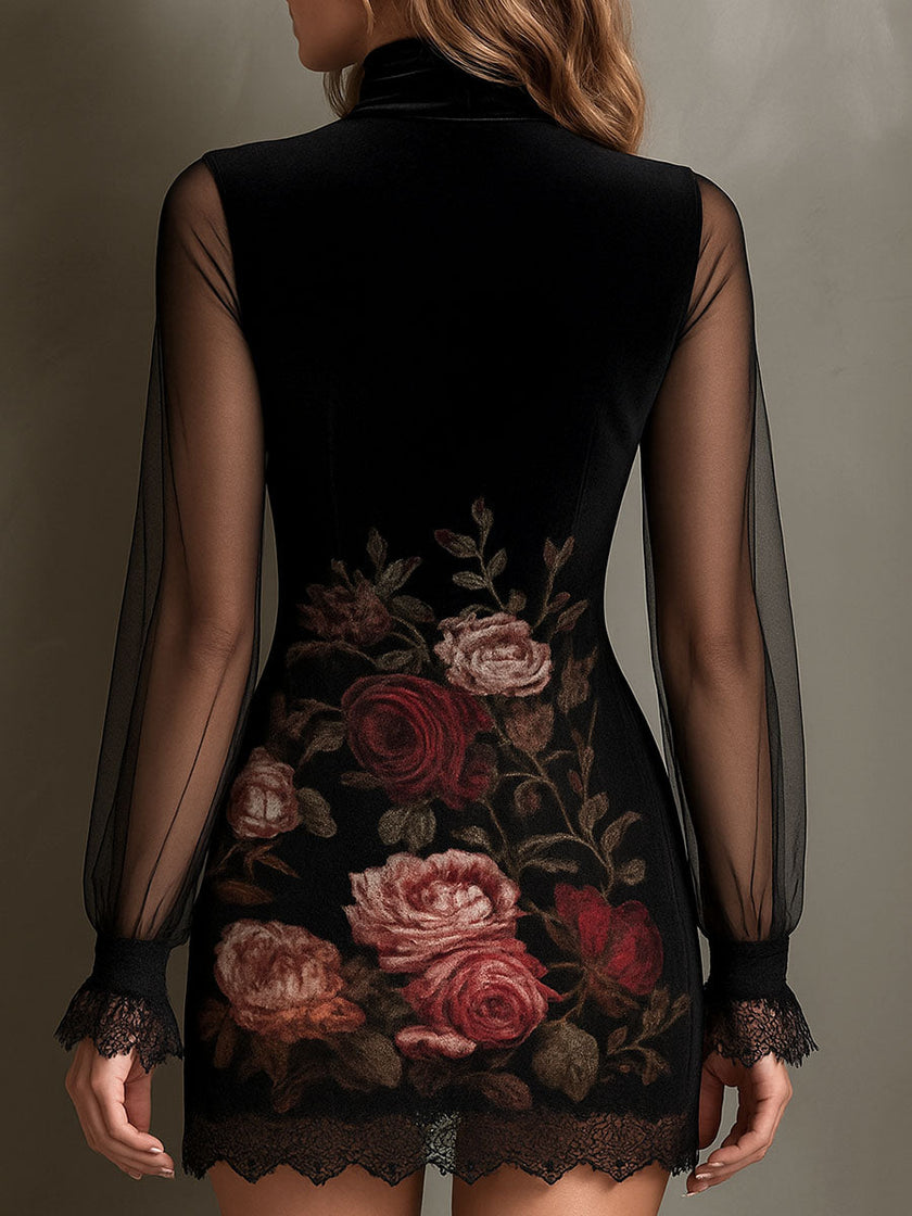 Velvet Rose Print Sheer Patchwork Women's Mini Dress With Lace Trim