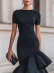 FJØRNA asymmetric ruffle hem midi dress for women with high neck and short sleeves, stylish and elegant evening wear