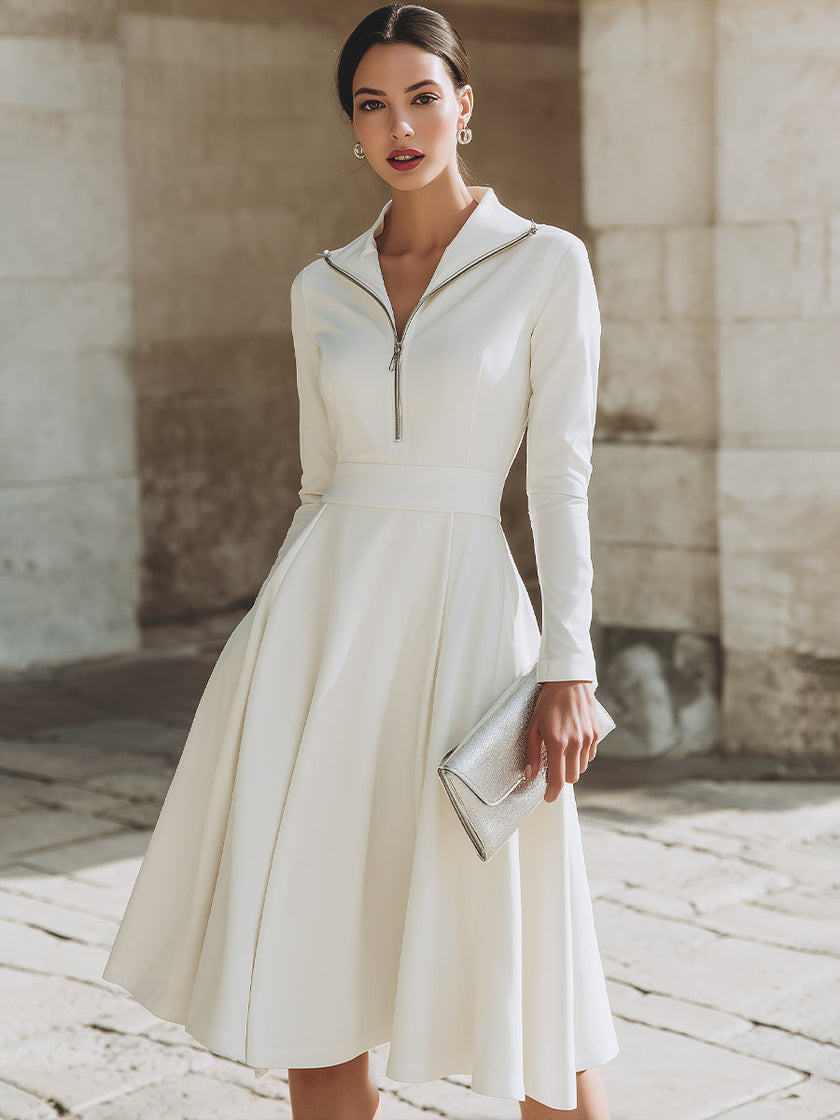 FJØRNA zip-front long sleeve fit-and-flare midi dress for women, featuring a stylish design and comfortable fit.