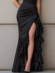 FJØRNA one-shoulder satin gown with cascading layered ruffles, elegant ruffle maxi dress for formal occasions.