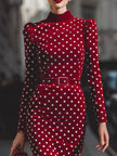 FJØRNA vintage-inspired red polka dot velvet midi dress for women, featuring classic design and elegant mid-length silhouette.