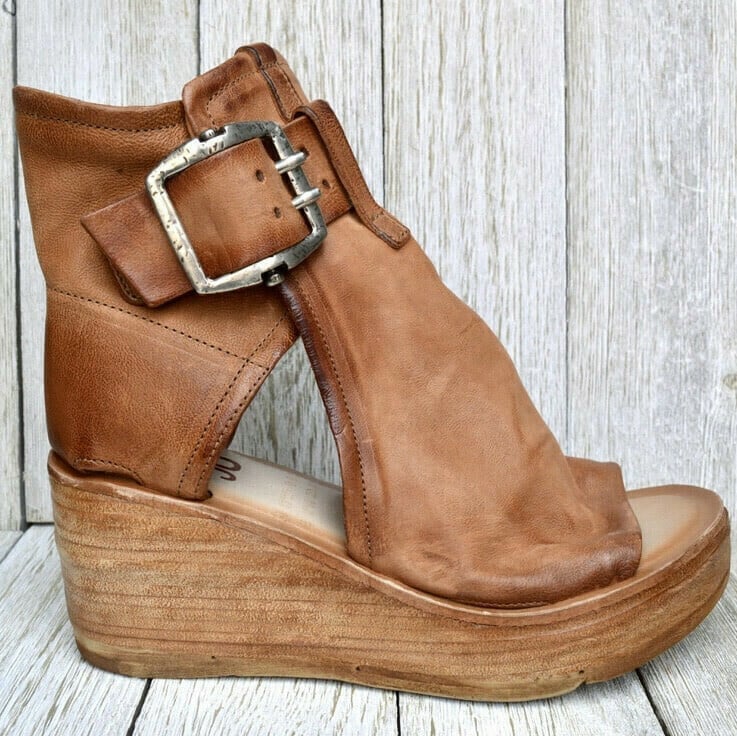 FJØRNA Elana stylish orthopedic boho wedge sandals with woven straps and cork heels, perfect for casual summer wear.