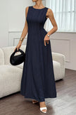 FJØRNA solid color round neck sleeveless pleated maxi dress with casual elegance, suitable for weddings and casual occasions