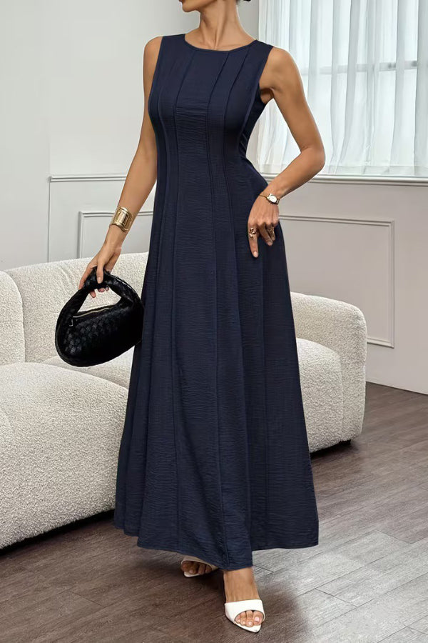 FJØRNA solid color round neck sleeveless pleated maxi dress with casual elegance, suitable for weddings and casual occasions