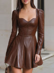 FJØRNA brown leather mini dress with sweetheart neckline, stylish and glamorous for a bold, edgy look.