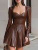 FJØRNA brown leather mini dress with sweetheart neckline, stylish and glamorous for a bold, edgy look.