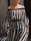 FJØRNA elegant off-the-shoulder vertical stripe chiffon maxi dress with flowing fabric and stylish design.
