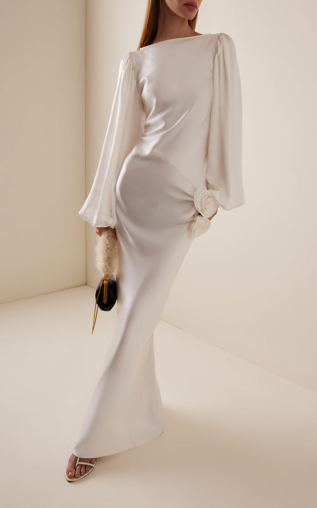 FJØRNA Vivir balloon-sleeve maxi dress with rose details, hammered satin finish, elegant and flowing for formal occasions.
