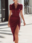 FJØRNA elegant ruched polo-collar asymmetric slit midi dress for women, showcasing a stylish, flowy midi dress with ruching details.