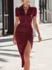 FJØRNA elegant ruched polo-collar asymmetric slit midi dress for women, showcasing a stylish, flowy midi dress with ruching details.