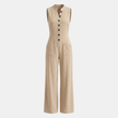 FJØRNA women's cotton linen wide-leg sleeveless jumpsuit with button front, casual and breathable for summer wear.