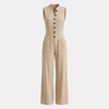 FJØRNA women's cotton linen wide-leg sleeveless jumpsuit with button front, casual and breathable for summer wear.