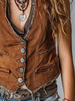 FJØRNA caramel washed denim tank top with button-up waistcoat design, featuring a stylish, casual look with front buttons.