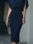 FJØRNA embellished neck draped midi dress for women featuring intricate detailing and elegant flowing fabric.
