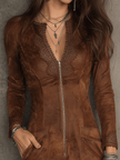 Vintage Caramel Brown Lace Trim And Zip Front Suede Women's Mini Dress