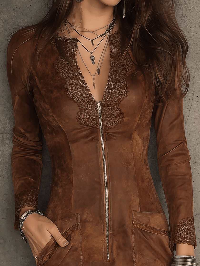 Vintage Caramel Brown Lace Trim And Zip Front Suede Women's Mini Dress