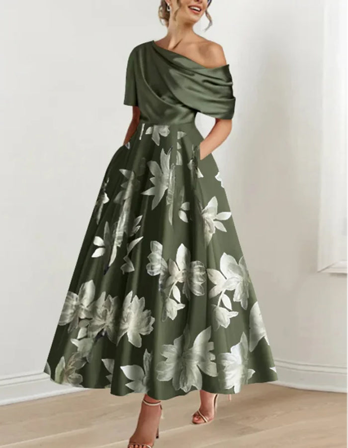 White satin midi dress for women by FJØRNA, off-shoulder design with printed bodycon fit and elegant style.