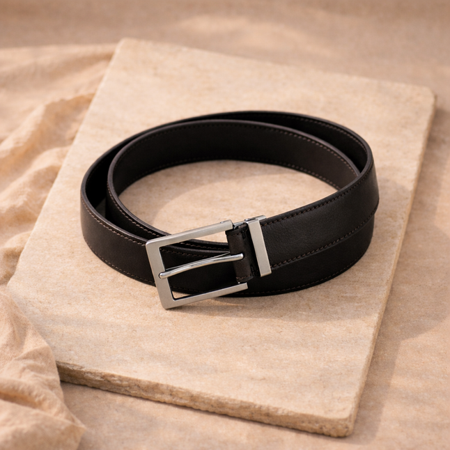 FJØRNA Buckley vegan adjustable ratchet belt in black leather with metal buckle, stylish and eco-friendly accessory for men and women.