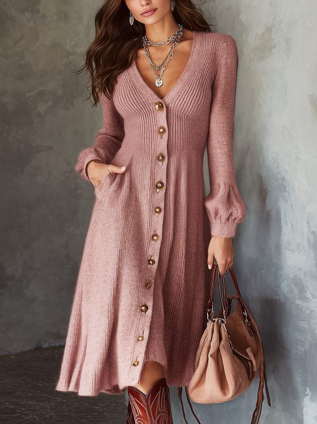 FJØRNA retro V-neck mohair knitted midi dress with button details and pockets, showcasing a stylish and cozy design.