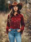Red suede Western tassel long sleeve shirt by FJØRNA, featuring a stylish design with tassel details and long sleeves.