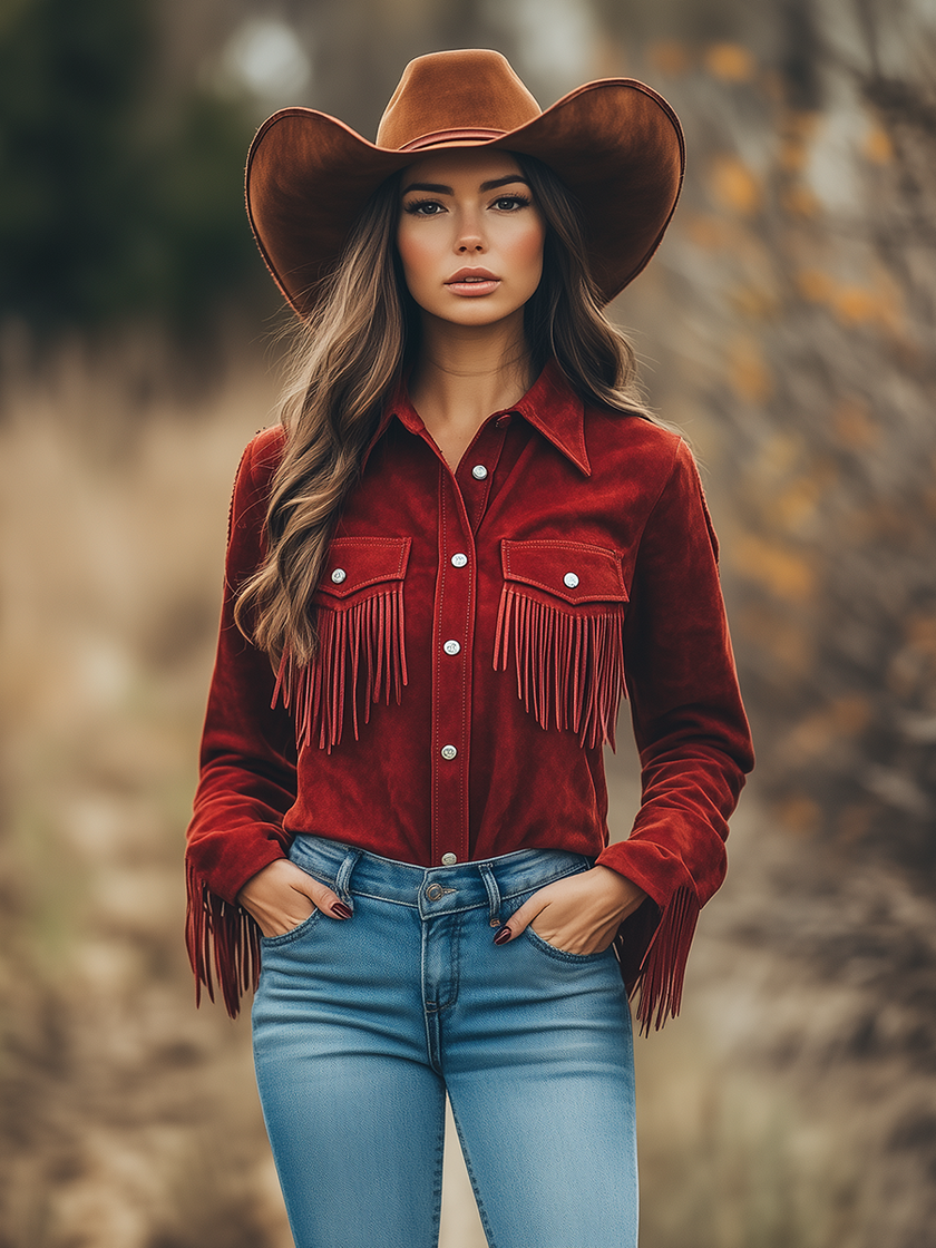 Red suede Western tassel long sleeve shirt by FJØRNA, featuring a stylish design with tassel details and long sleeves.