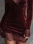 FJØRNA sparkling velvet lace-trim mini dress in spiced wine red, featuring a fitted silhouette and elegant lace details.