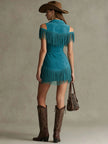 Peacock blue faux suede tassel mini dress by FJØRNA featuring casual style, tassel details, and a fitted silhouette.