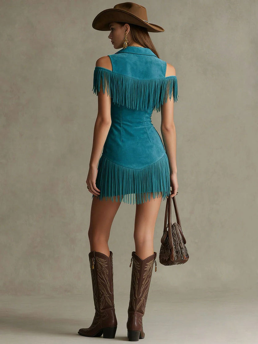Peacock blue faux suede tassel mini dress by FJØRNA featuring casual style, tassel details, and a fitted silhouette.