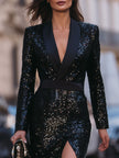 FJØRNA black sequin tuxedo style midi dress with side slit for women, elegant evening dress with fitted silhouette and stylish design.