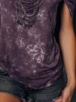Purple boho tie-dye FJØRNA women's strappy cami top with short sleeves, featuring a relaxed, stylish design.