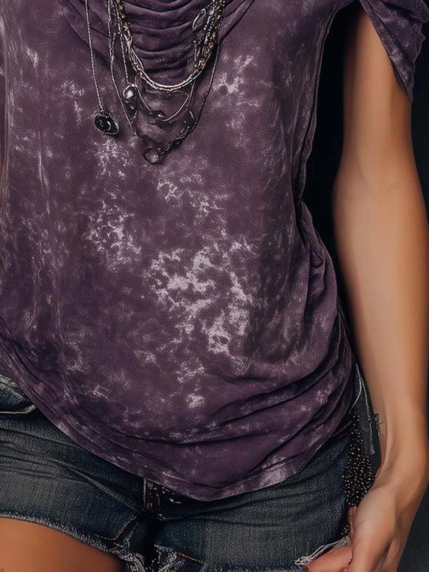 Purple boho tie-dye FJØRNA women's strappy cami top with short sleeves, featuring a relaxed, stylish design.